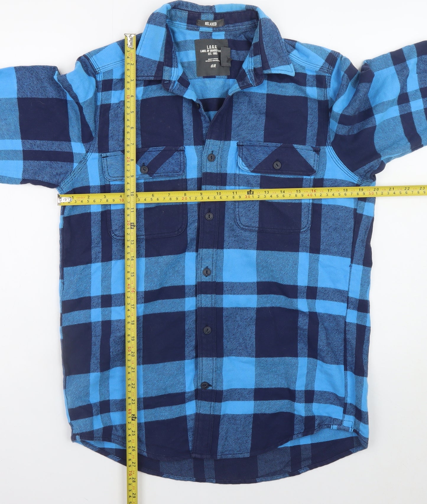 H&M L.O.G.G. Men's Blue Check Cotton Flannel Shirt Size S Relaxed Fit