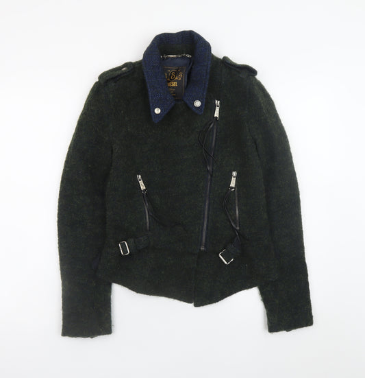 Diesel Women Dark Green Wool Blend Biker Jacket XS