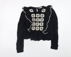 Topshop Womens Black Cotton Crochet Ruffle Long Sleeve Blouse Size 6