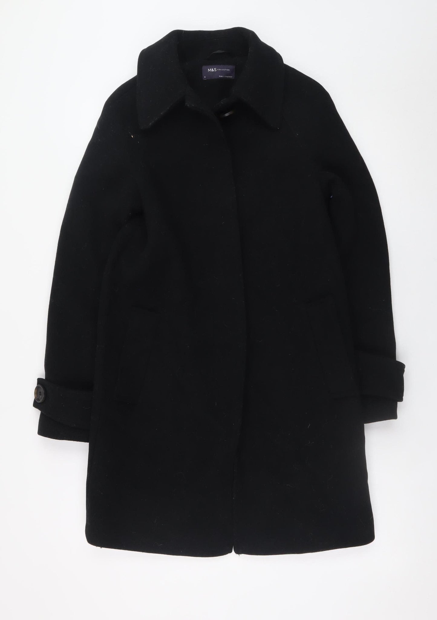 Marks and Spencer Women's Black Wool Blend Mid-Length Overcoat Size 6
