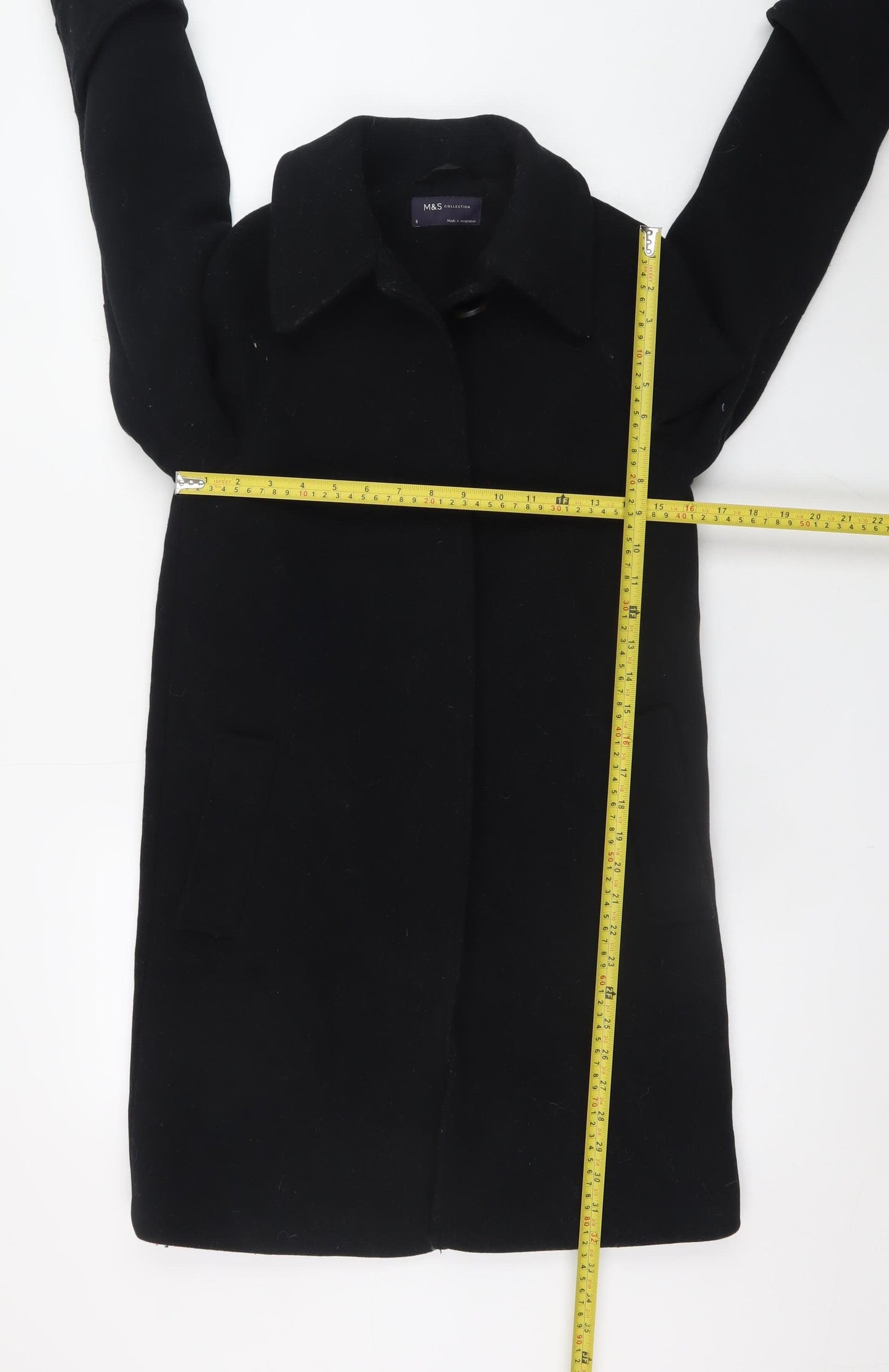 Marks and Spencer Women's Black Wool Blend Mid-Length Overcoat Size 6