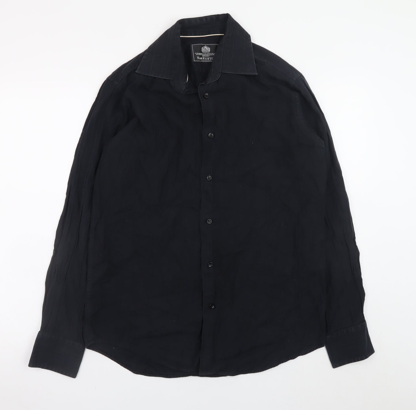 Van Heusen Men's Black 100% Cotton Long Sleeve Button-Up Shirt Size M 15/15.5