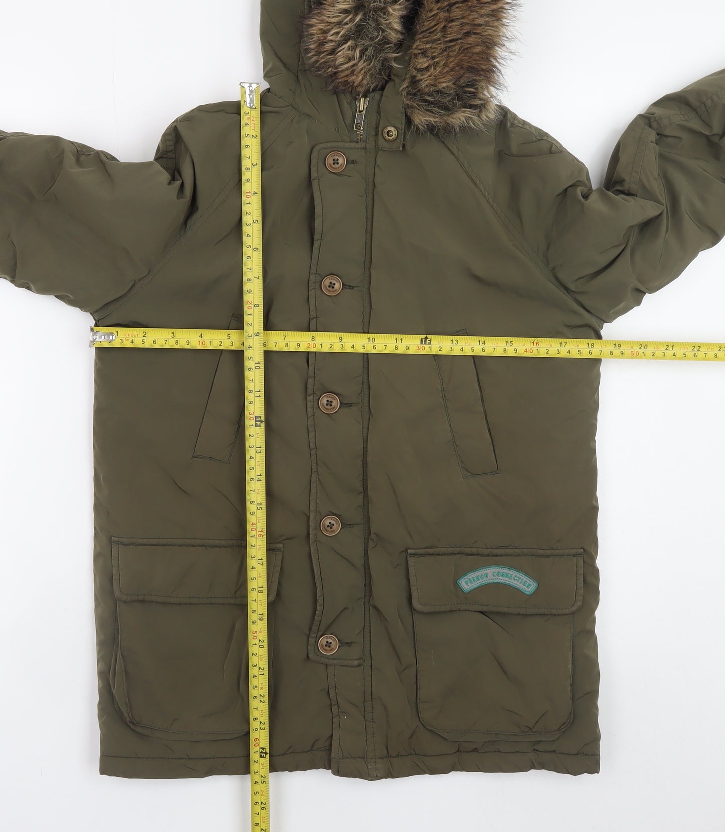 French Connection Boys Green Faux Fur Hooded Parka Coat Age 8