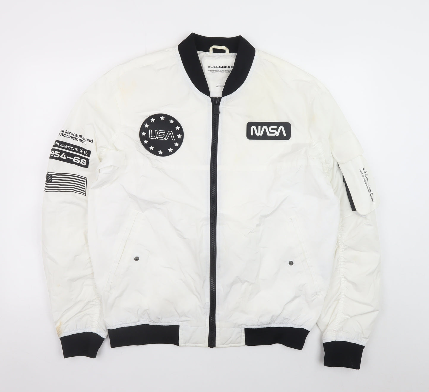 Pull & Bear Men's White NASA Bomber Jacket Size L Space Logo Zip