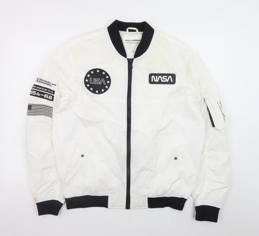 Pull & Bear Men's White NASA Bomber Jacket Size L Space Logo Zip