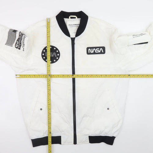 Pull & Bear Men's White NASA Bomber Jacket Size L Space Logo Zip
