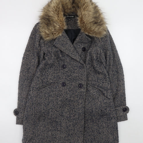 Warehouse Women's Grey Wool Blend Fur Collar Pea Coat Size 10