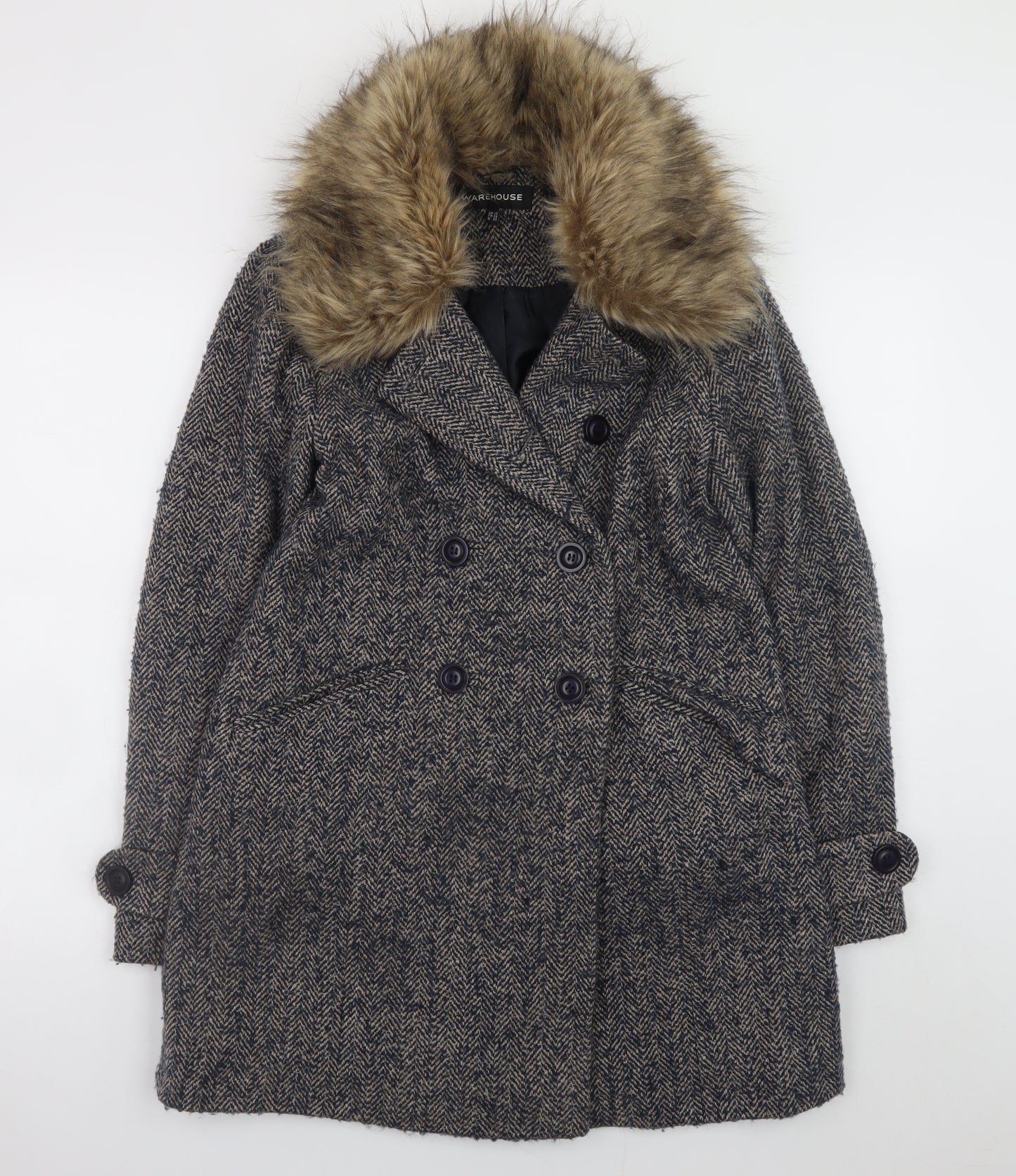 Warehouse Women's Grey Wool Blend Fur Collar Pea Coat Size 10