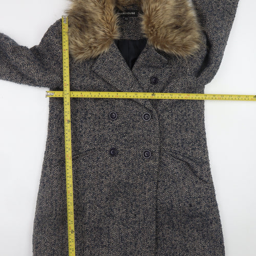 Warehouse Women's Grey Wool Blend Fur Collar Pea Coat Size 10