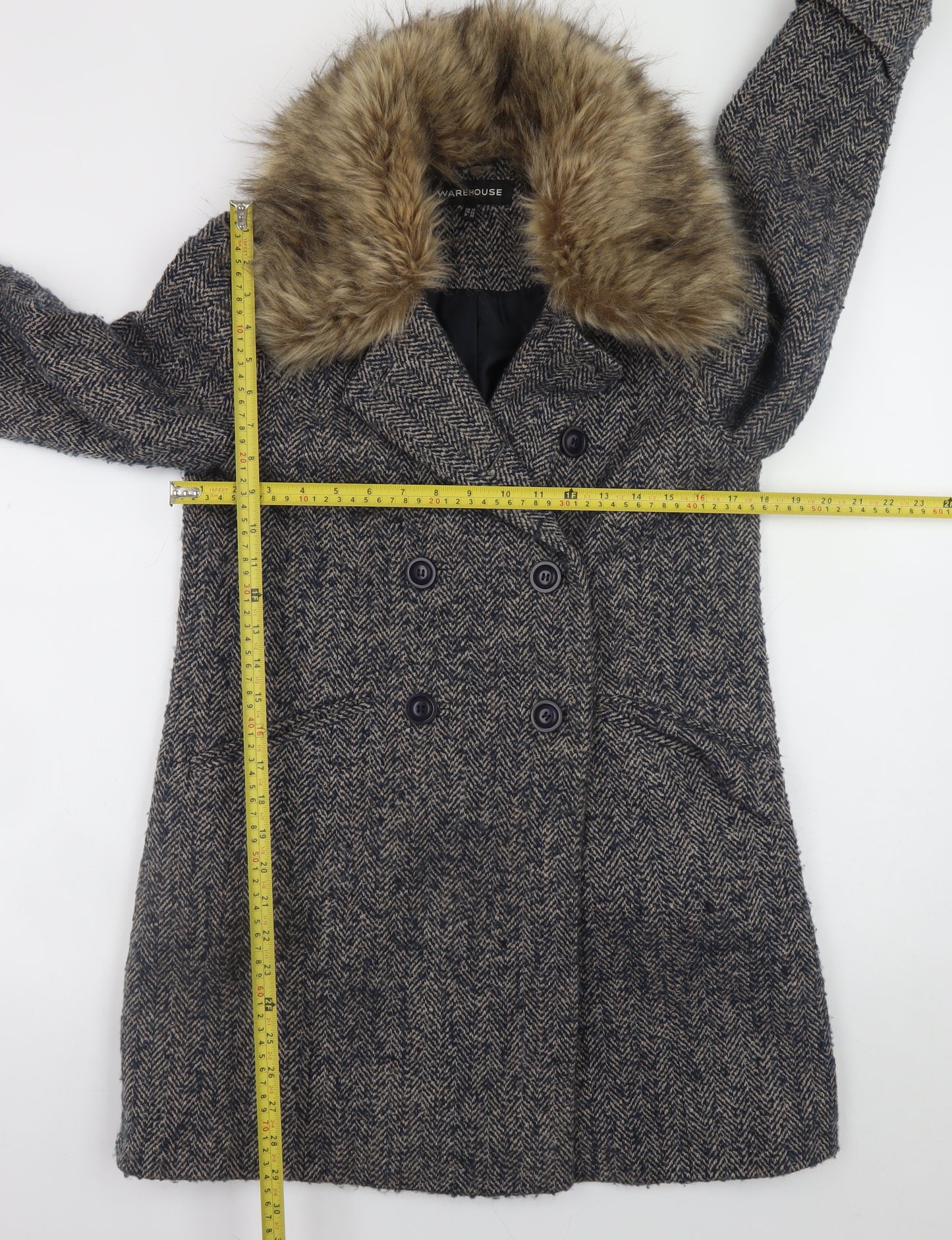 Warehouse Women's Grey Wool Blend Fur Collar Pea Coat Size 10