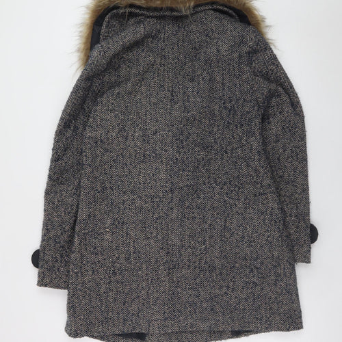Warehouse Women's Grey Wool Blend Fur Collar Pea Coat Size 10