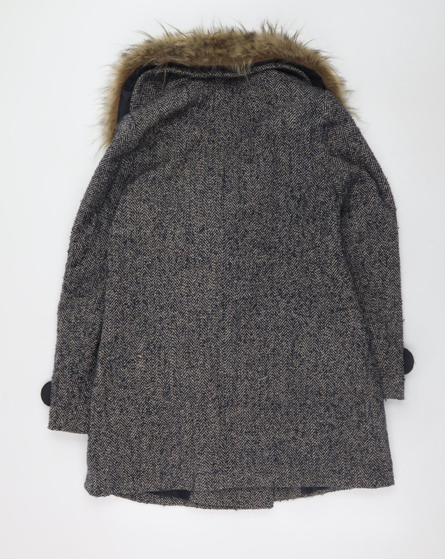 Warehouse Women's Grey Wool Blend Fur Collar Pea Coat Size 10