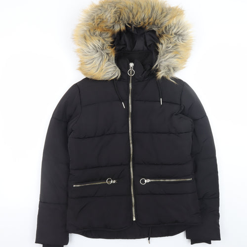 Topshop Women’s Black Faux Fur Hooded Puffer Jacket Size 6