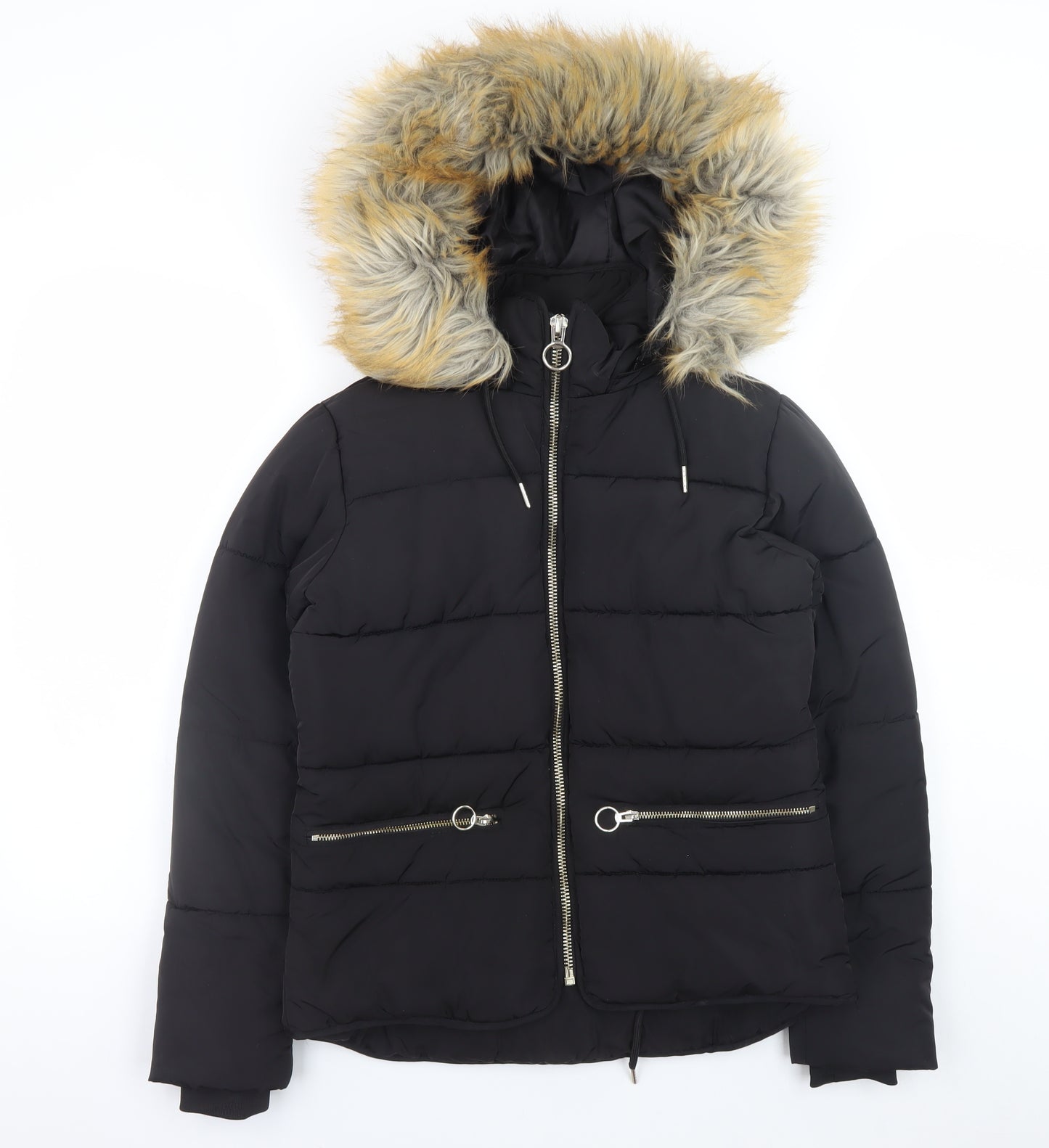 Topshop Women’s Black Faux Fur Hooded Puffer Jacket Size 6
