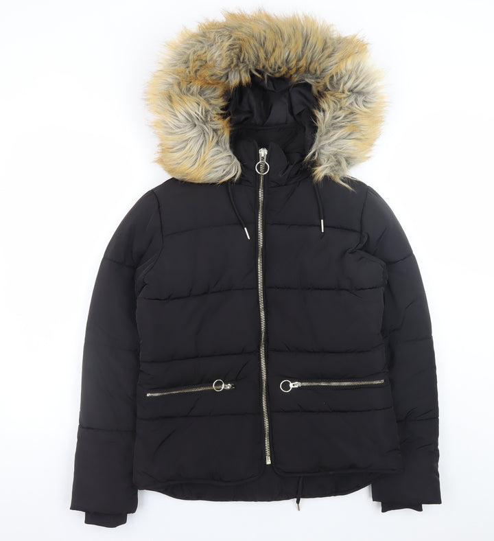 Topshop Women’s Black Faux Fur Hooded Puffer Jacket Size 6