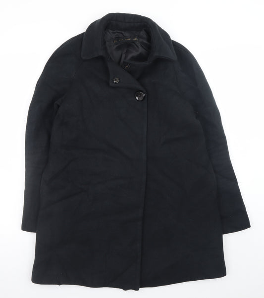 Zara Women Black Wool Blend Mid-Length Overcoat Size S
