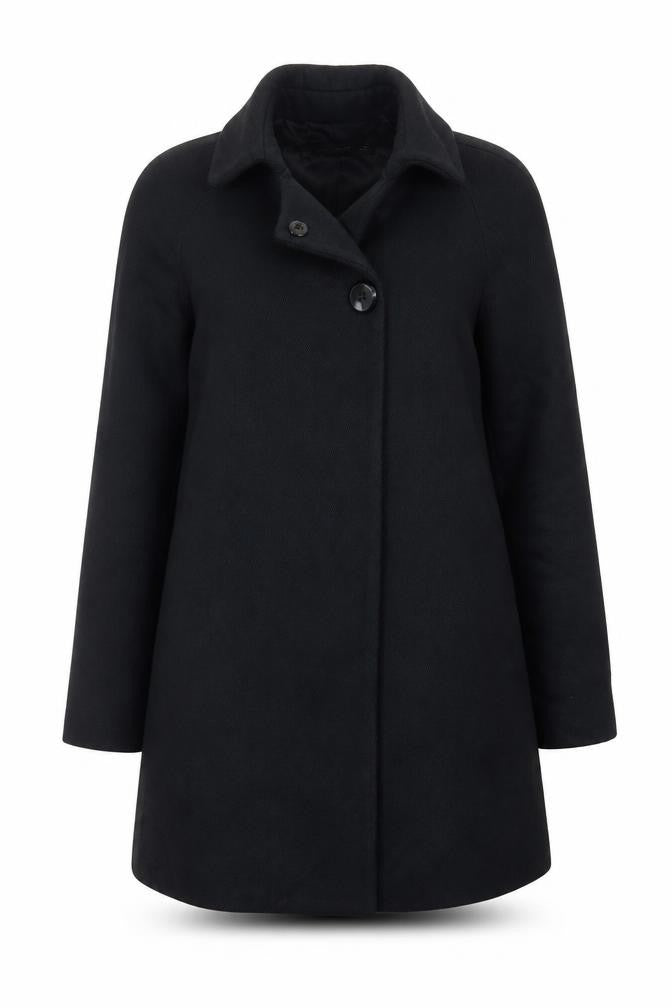Front view of Zara Women Black Wool Blend Mid-Length Overcoat, size S