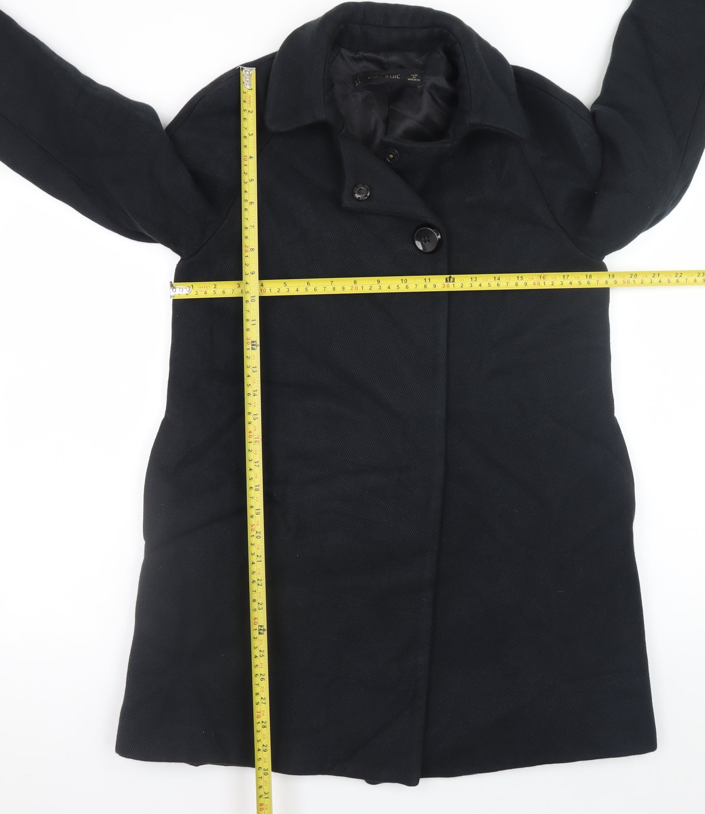 Zara Women Black Wool Blend Mid-Length Overcoat Size S