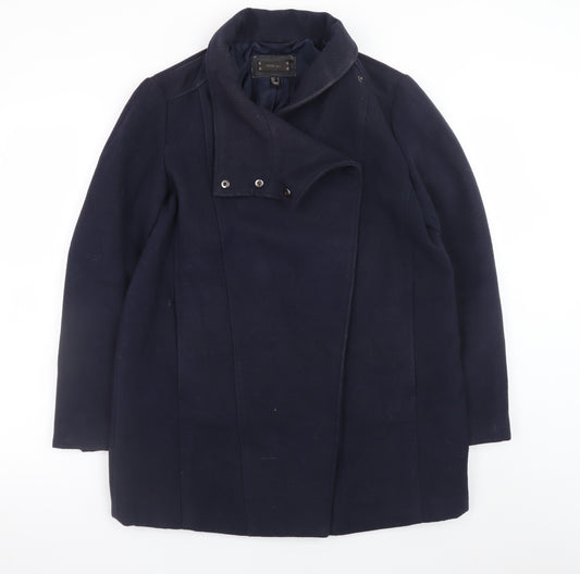 MNG Women's Blue Wool Blend Mid-Length Overcoat Size 12
