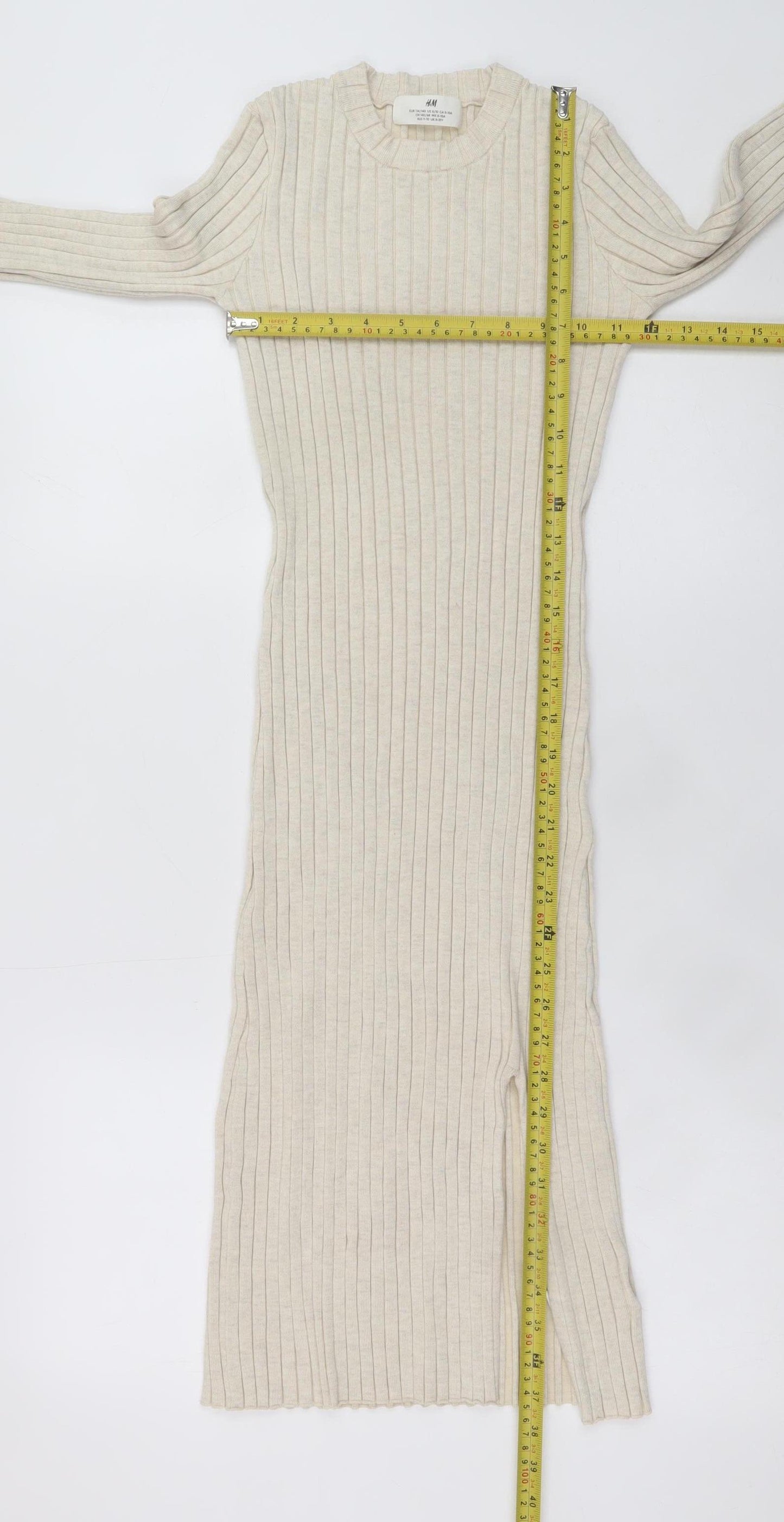 H&M Teens Beige Long Sleeve Rib Knit Bodycon Dress Size 8-10