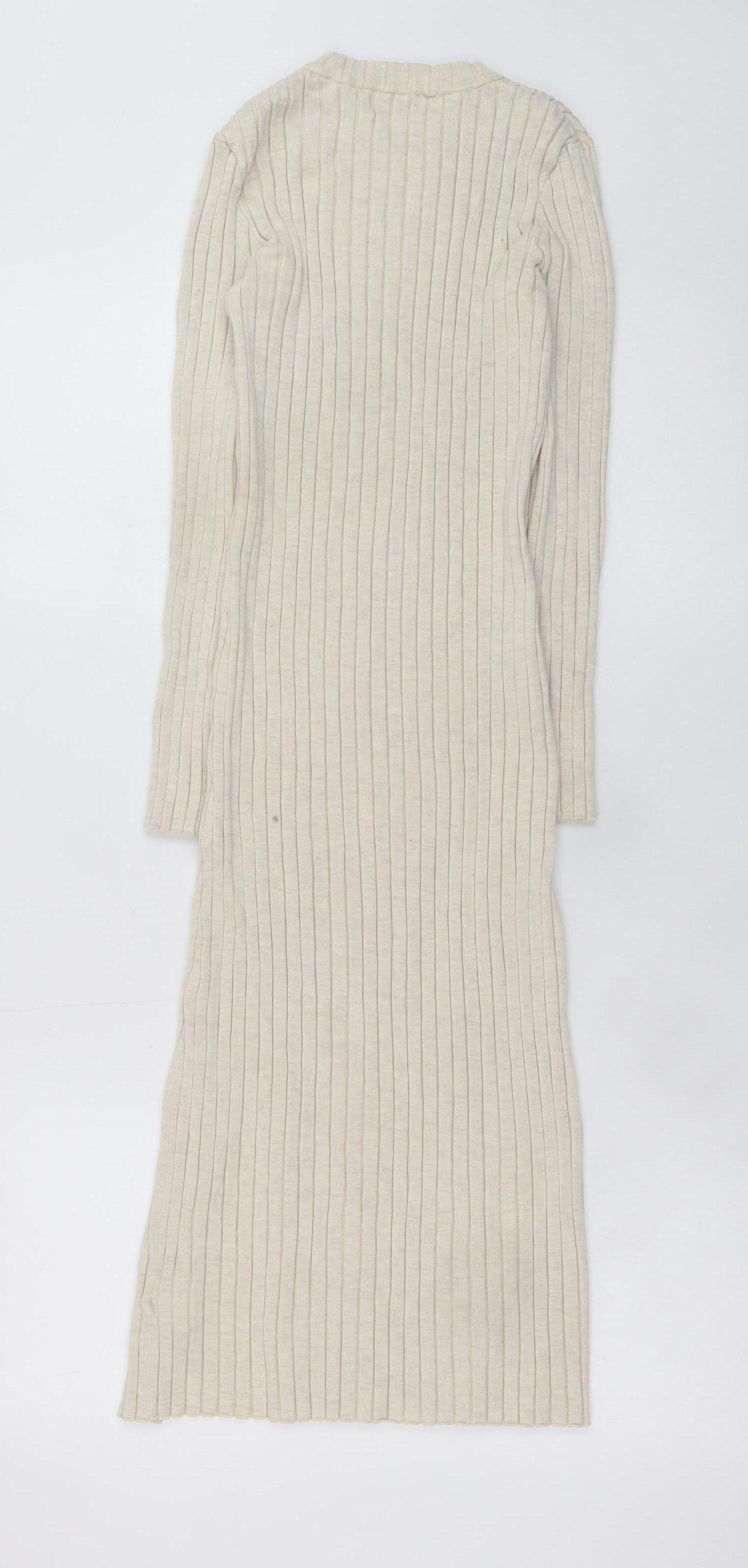 H&M Teens Beige Long Sleeve Rib Knit Bodycon Dress Size 8-10