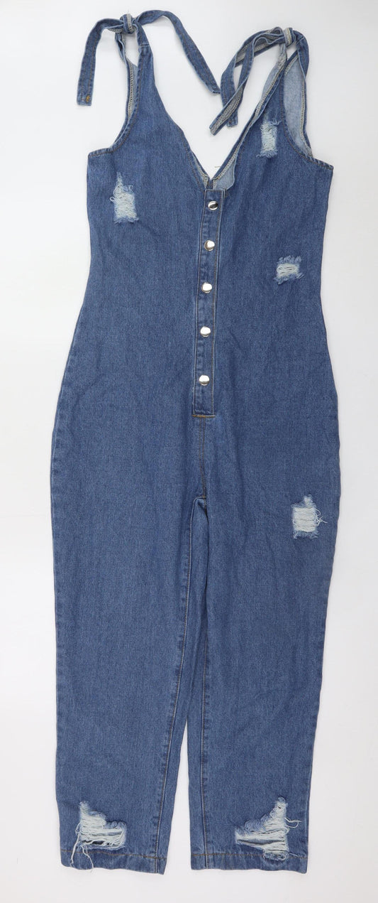 PrettyLittleThing Women's Blue Denim Sleeveless Button Jumpsuit UK 8