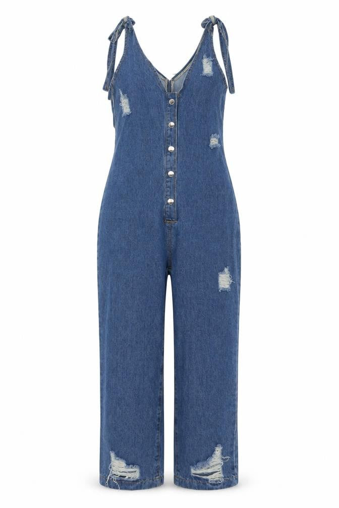 Front view of PRETTYLITTLETHING Women's Blue Denim Sleeveless Button Jumpsuit UK 8