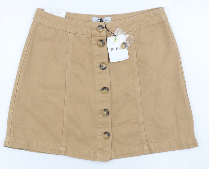 New Look Women Beige Cotton Denim A-Line Button Skirt UK 12