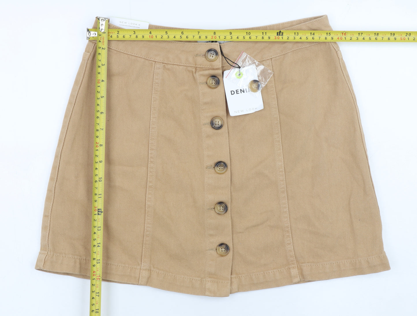 New Look Women Beige Cotton Denim A-Line Button Skirt UK 12
