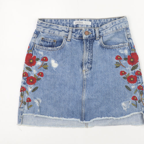 Zara Women Blue Embroidered Denim Mini Skirt XS