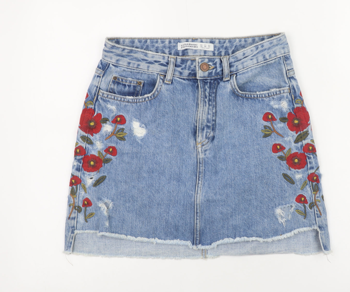 Zara Women Blue Embroidered Denim Mini Skirt XS