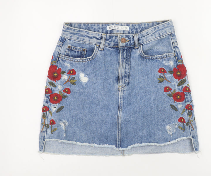 Zara Women Blue Embroidered Denim Mini Skirt XS