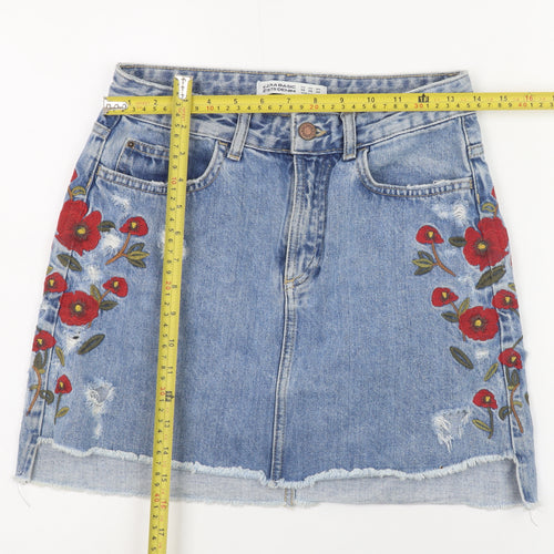Zara Women Blue Embroidered Denim Mini Skirt XS