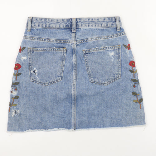 Zara Women Blue Embroidered Denim Mini Skirt XS