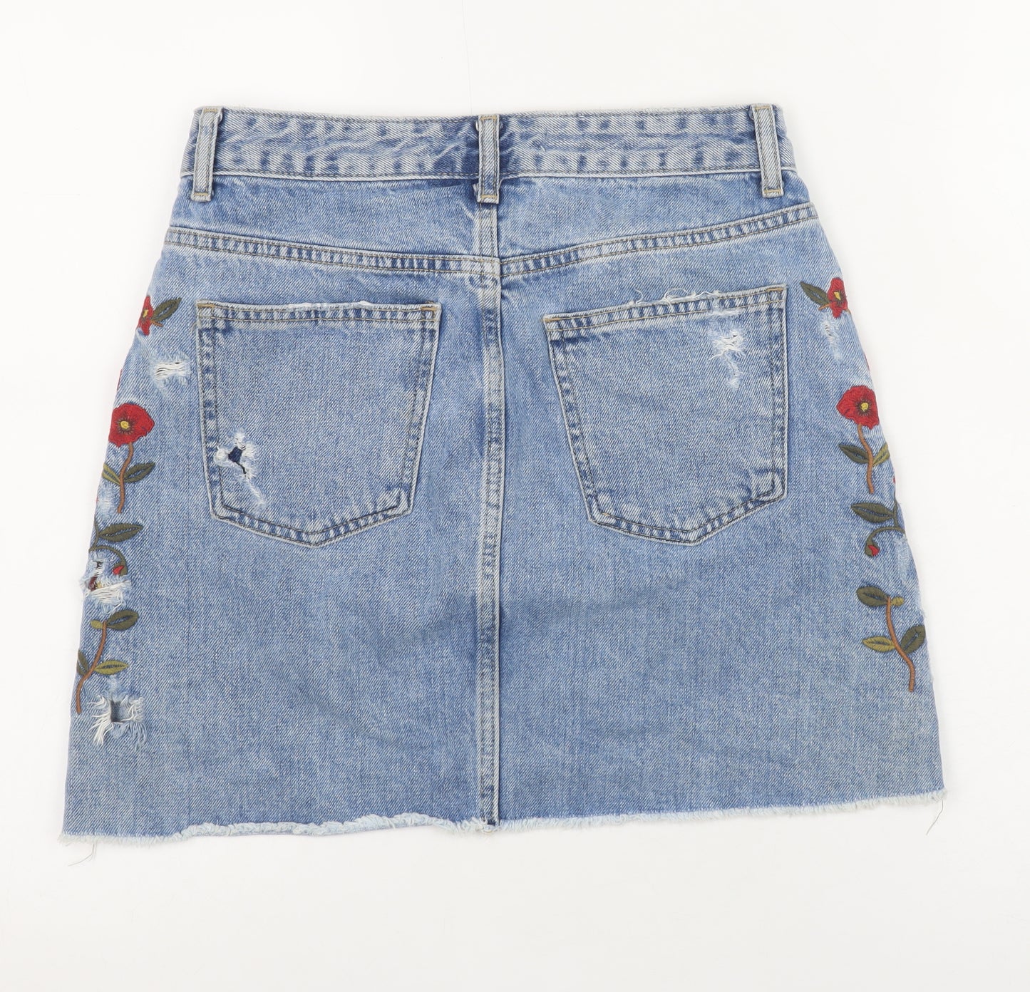 Zara Women Blue Embroidered Denim Mini Skirt XS