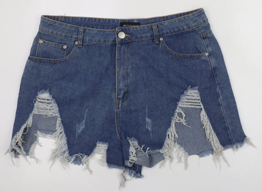PrettyLittleThing Women Blue Distressed Denim Shorts UK 18 Cut-Off Style