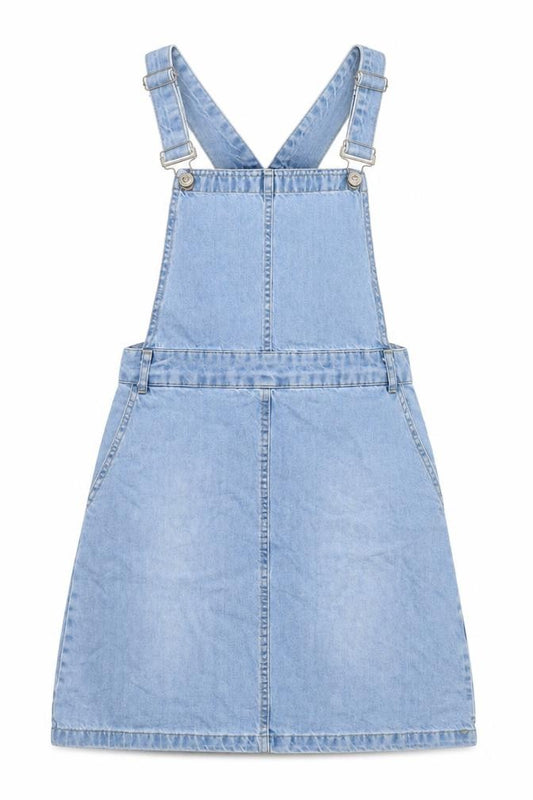 Front view of New Look Women Blue Denim Pinafore Dress, size 8, Casual Style