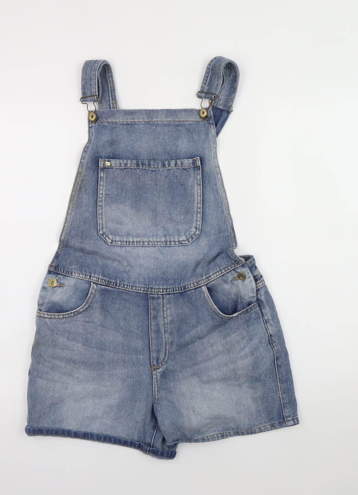 Vila Women Blue Denim Dungaree Playsuit Shorts Size M Cotton Blend