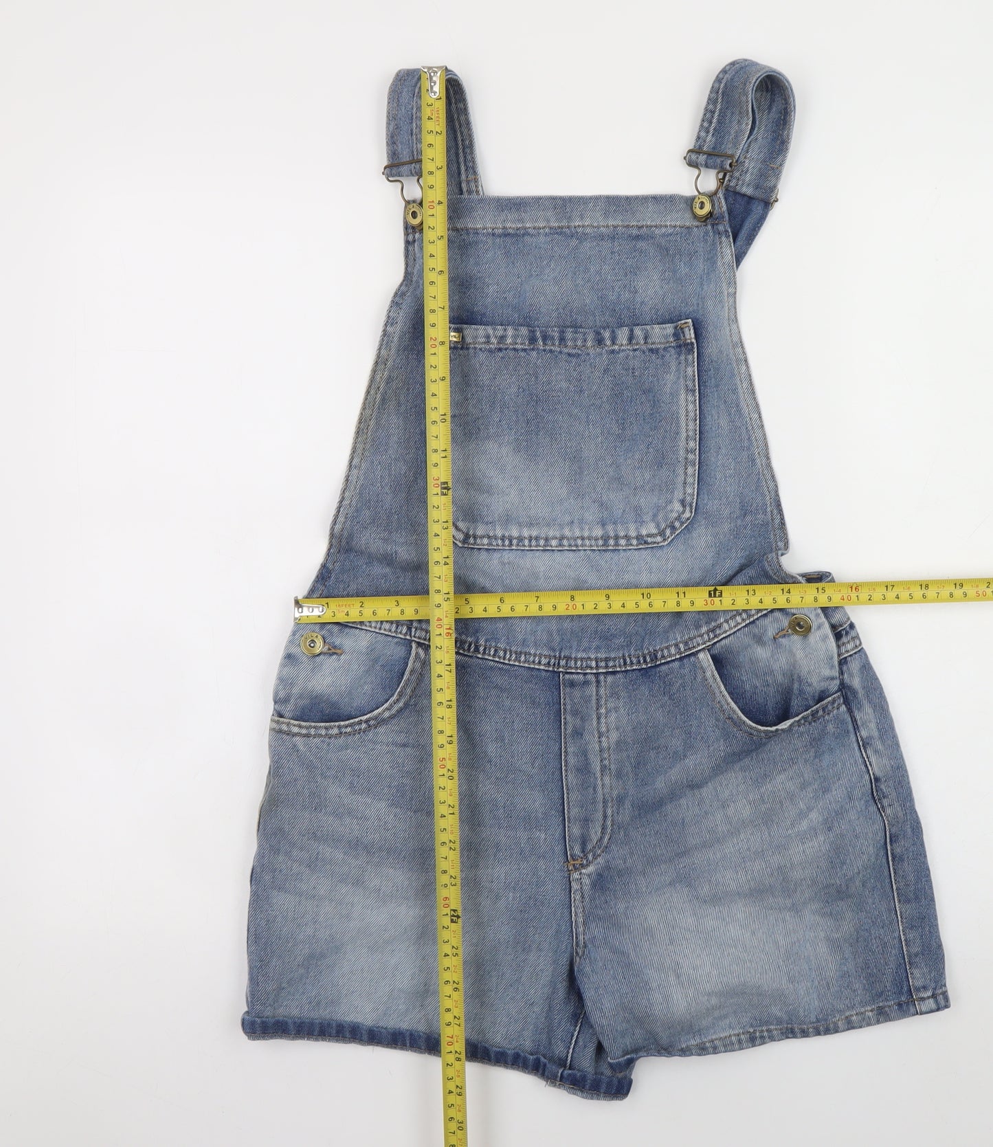 Vila Women Blue Denim Dungaree Playsuit Shorts Size M Cotton Blend