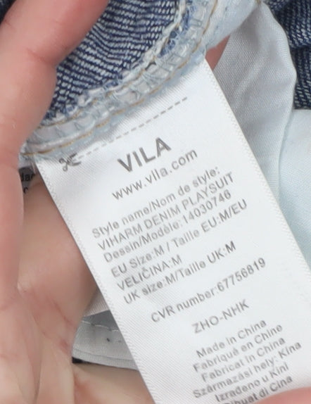 Vila Women Blue Denim Dungaree Playsuit Shorts Size M Cotton Blend
