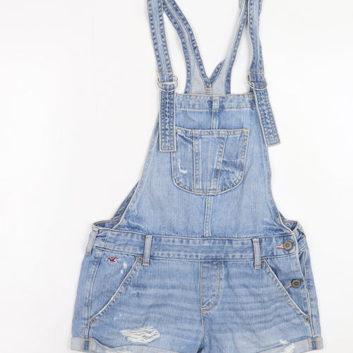 Hollister Women's Blue Denim Dungaree Playsuit XS Distressed
