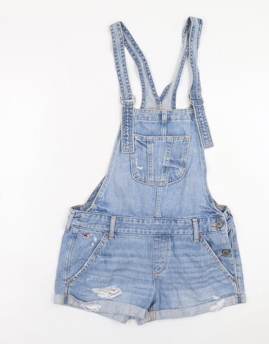 Hollister Women's Blue Denim Dungaree Playsuit XS Distressed