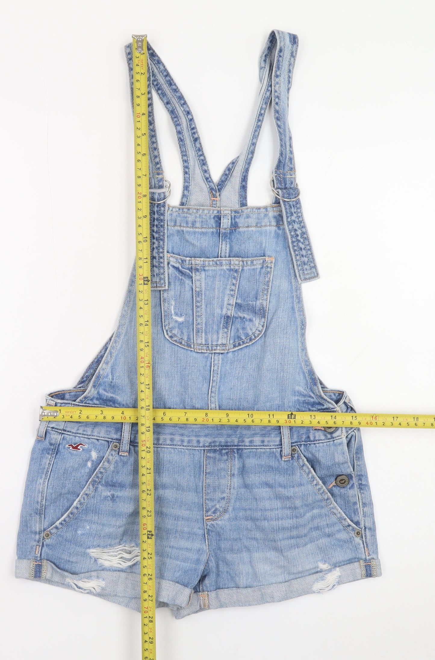 Hollister Women's Blue Denim Dungaree Playsuit XS Distressed