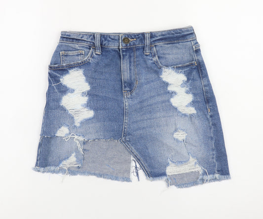 Hollister Women’s Blue Denim Distressed Mini Skirt Size 4 High Rise