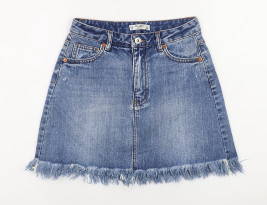 Pull & Bear Women Blue Denim A-Line Short Frayed Skirt Size S