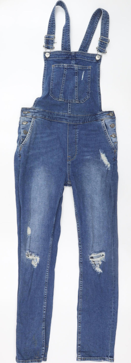 H&M Divided Women’s Blue Denim Dungaree Jumpsuit Size 12 Distressed Slim Fit