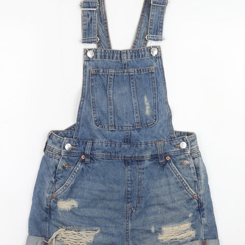 H&M Divided Women's Blue Denim Distressed Dungaree Playsuit Size 6
