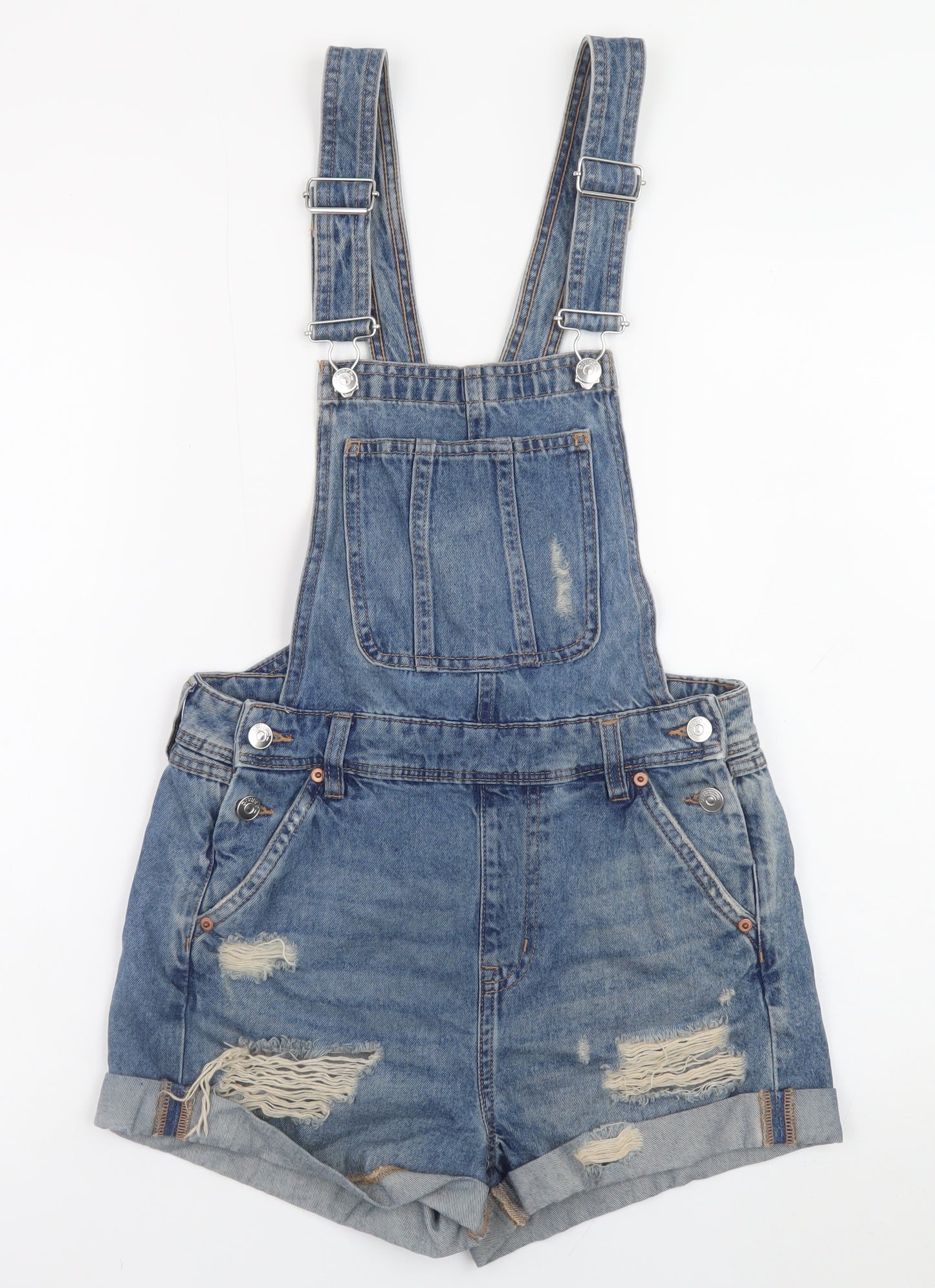 H&M Divided Women's Blue Denim Distressed Dungaree Playsuit Size 6