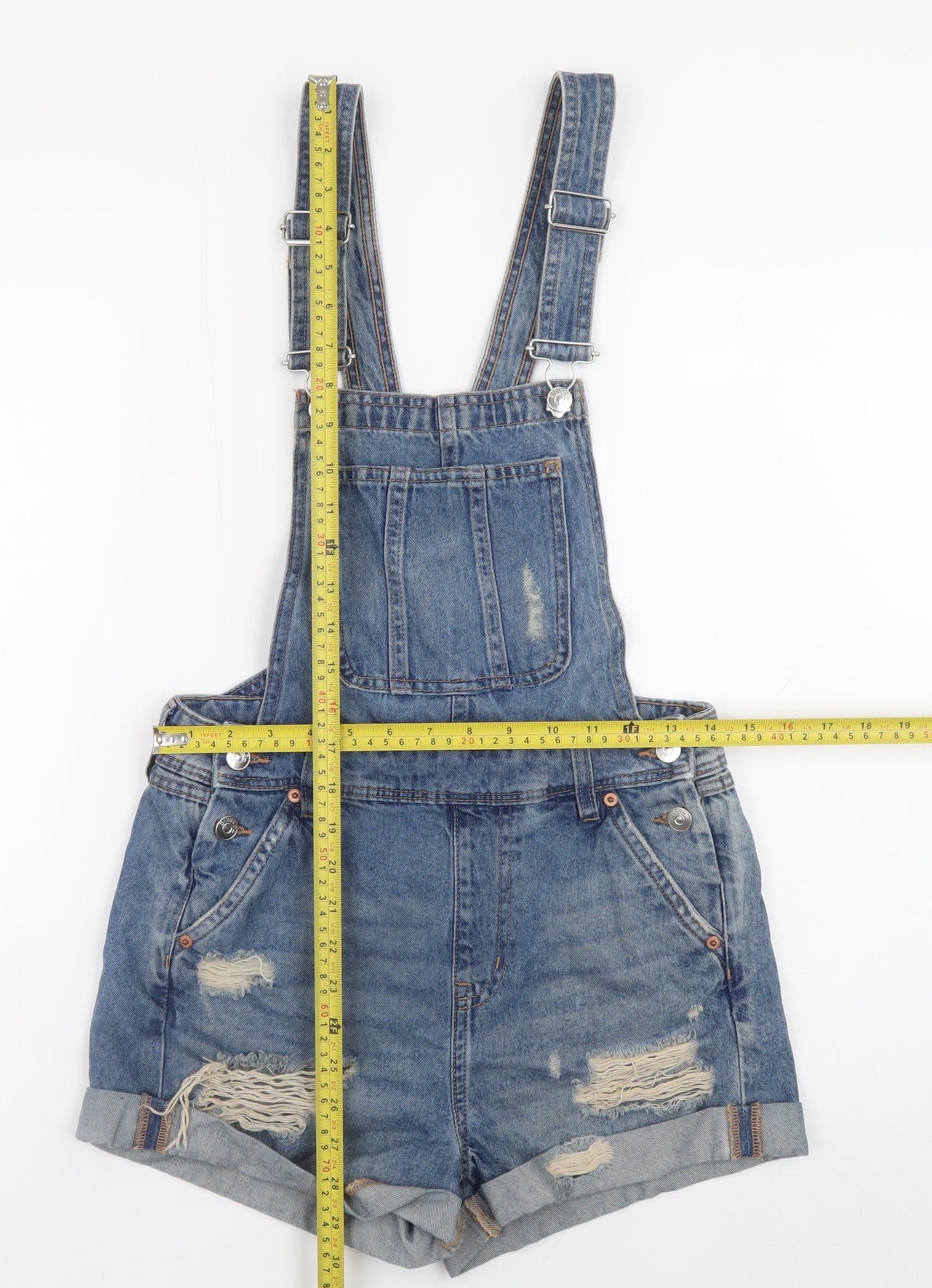 H&M Divided Women's Blue Denim Distressed Dungaree Playsuit Size 6