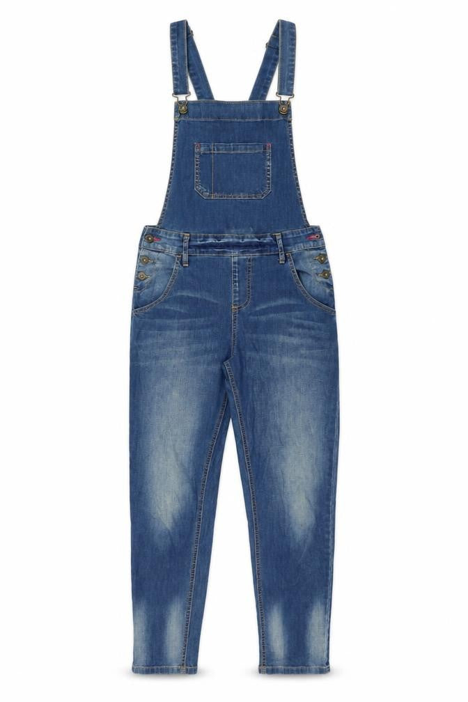 Front view of Johnnie b girls’ blue denim dungaree jumpsuit 13-14 years adjustable straps